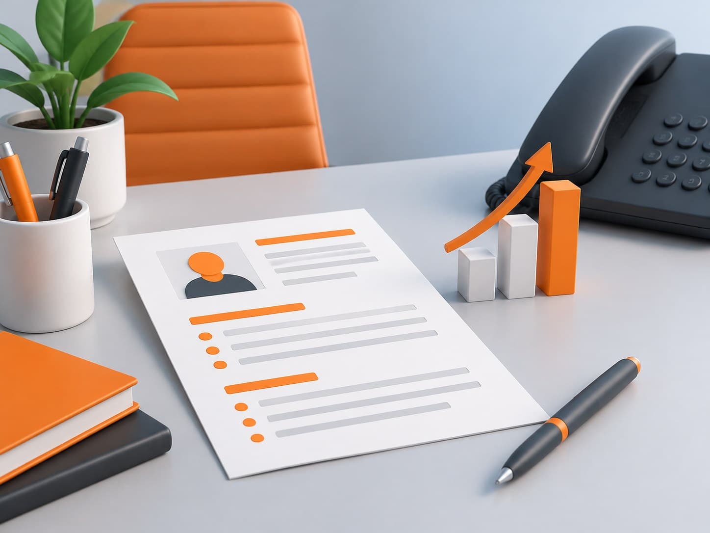 Illustration of a desk with a resume sheet, a small upward-trend arrow figurine and a telephone, representing a sales manager resume