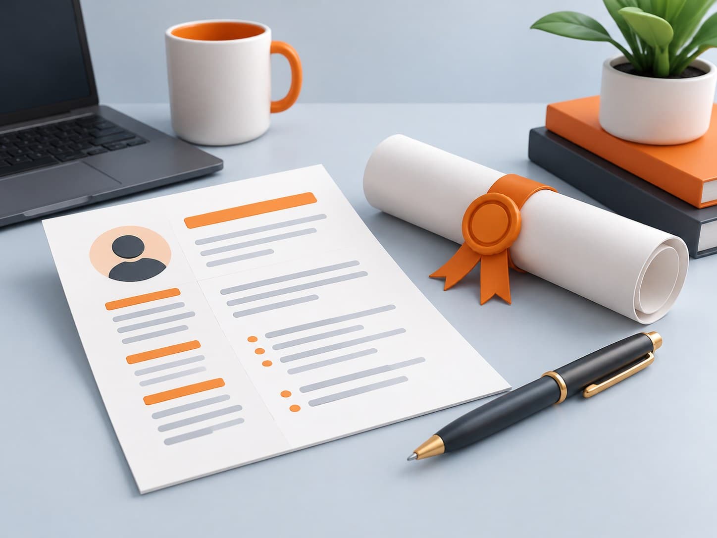 Illustration of a desk with a resume sheet, a certificate scroll with a ribbon seal and a pen, representing certifications on a resume