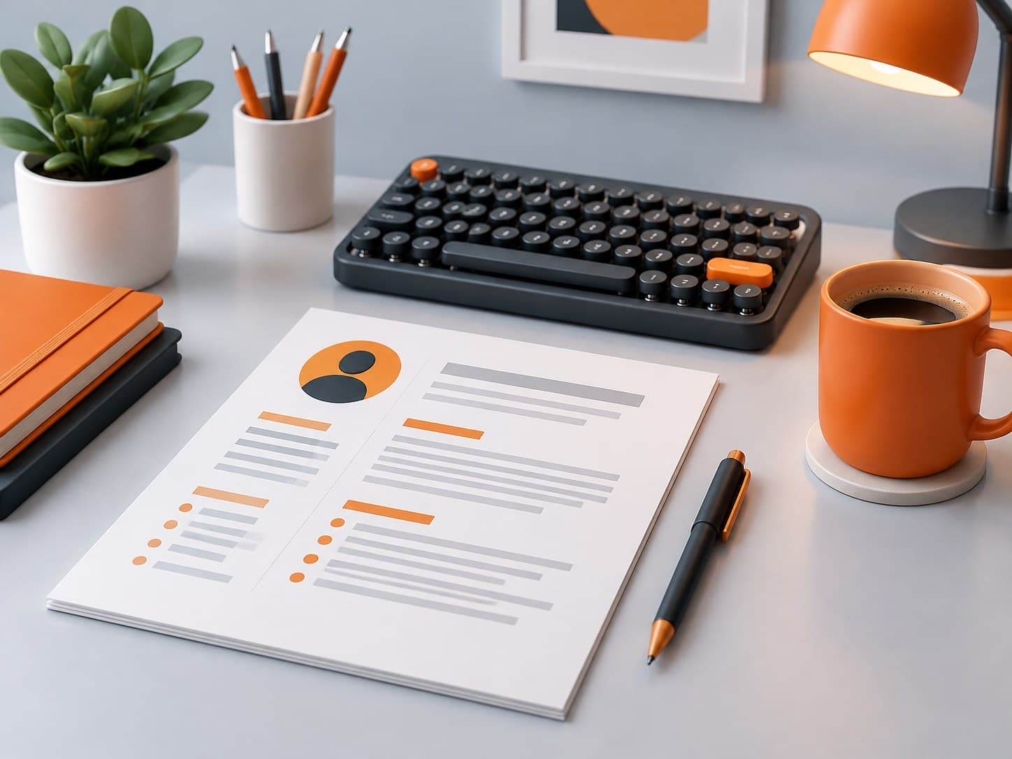 Illustration of a desk with a resume sheet, a typewriter-style keyboard and a coffee mug, representing a content writer resume