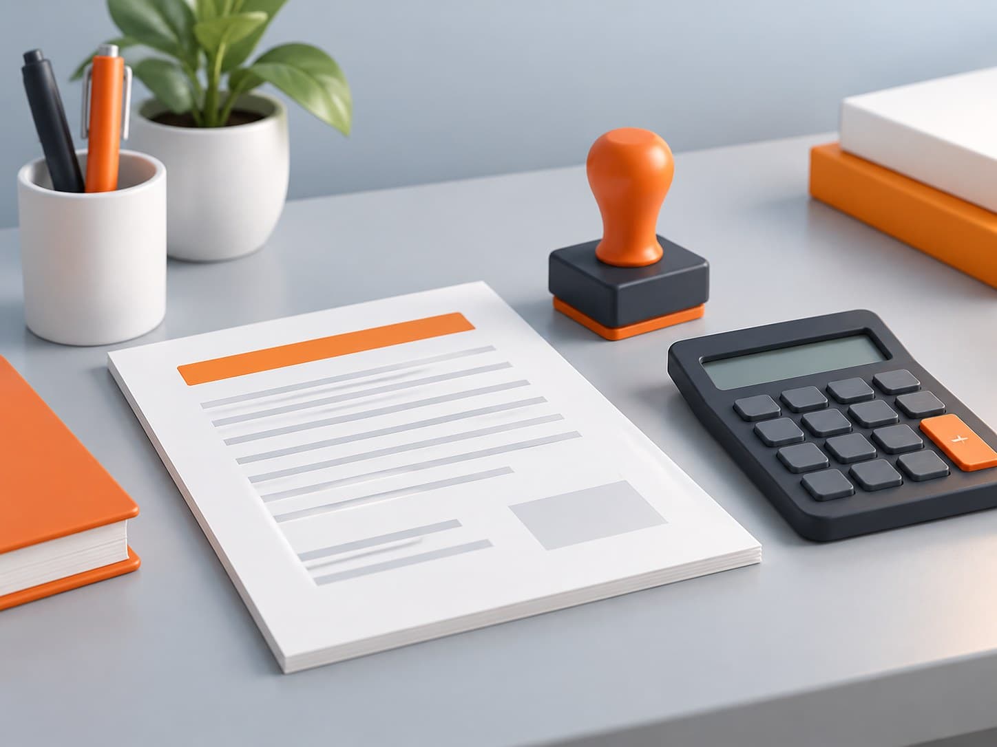 Illustration of a desk with a paper document, a calculator and a small government-style stamp, representing Form 16 explained