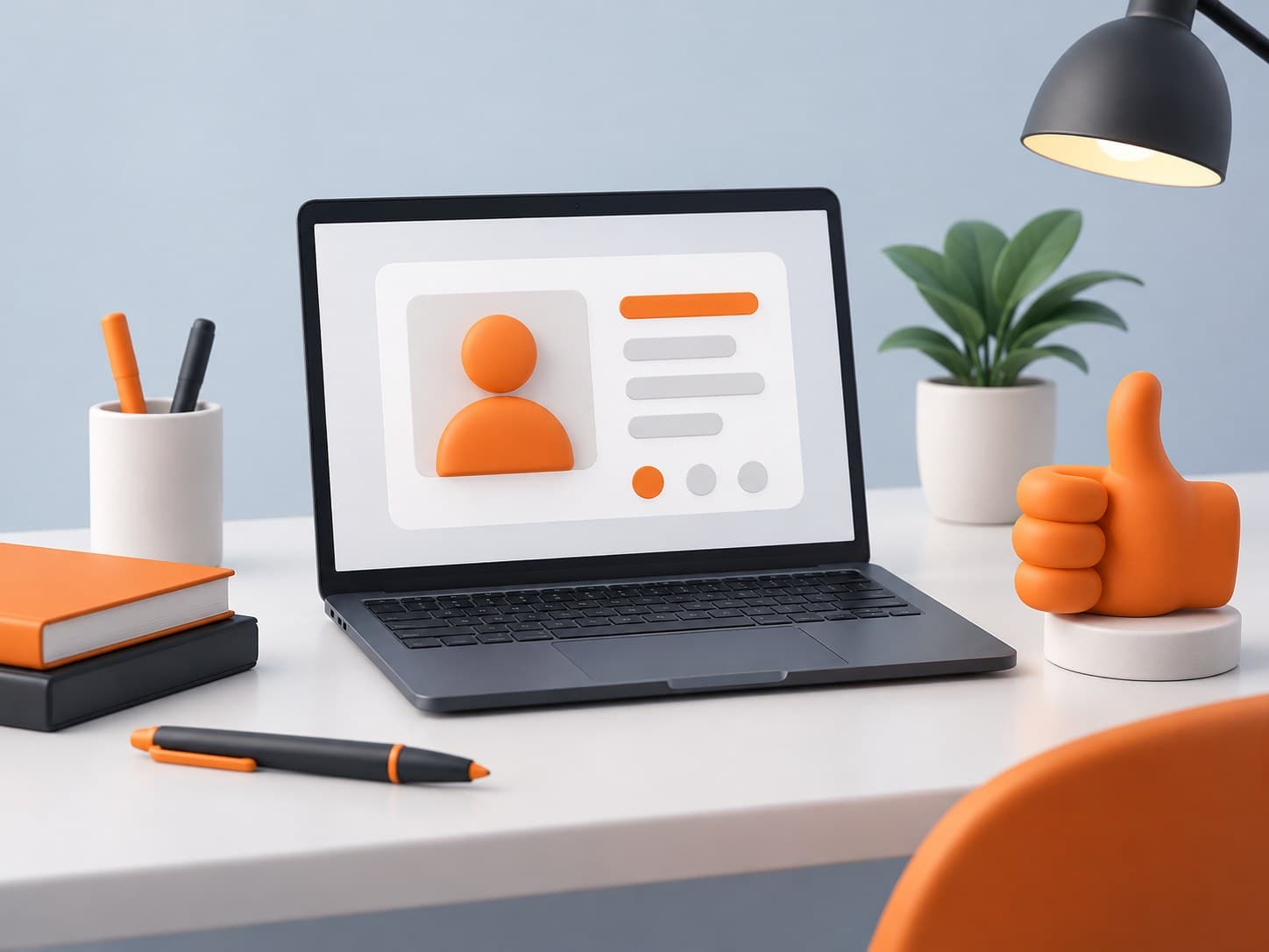 Illustration of a desk with a laptop showing an abstract profile card, a thumbs-up figurine and a pen, representing asking for LinkedIn recommendations