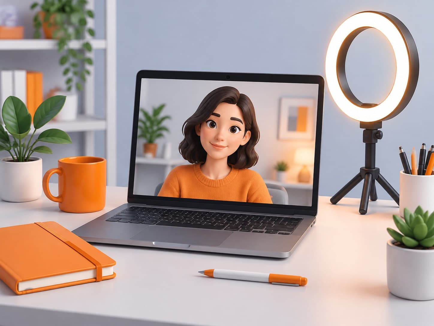 Illustration of a desk with a laptop showing a simple webcam frame, a ring light and a notepad, representing video interview tips