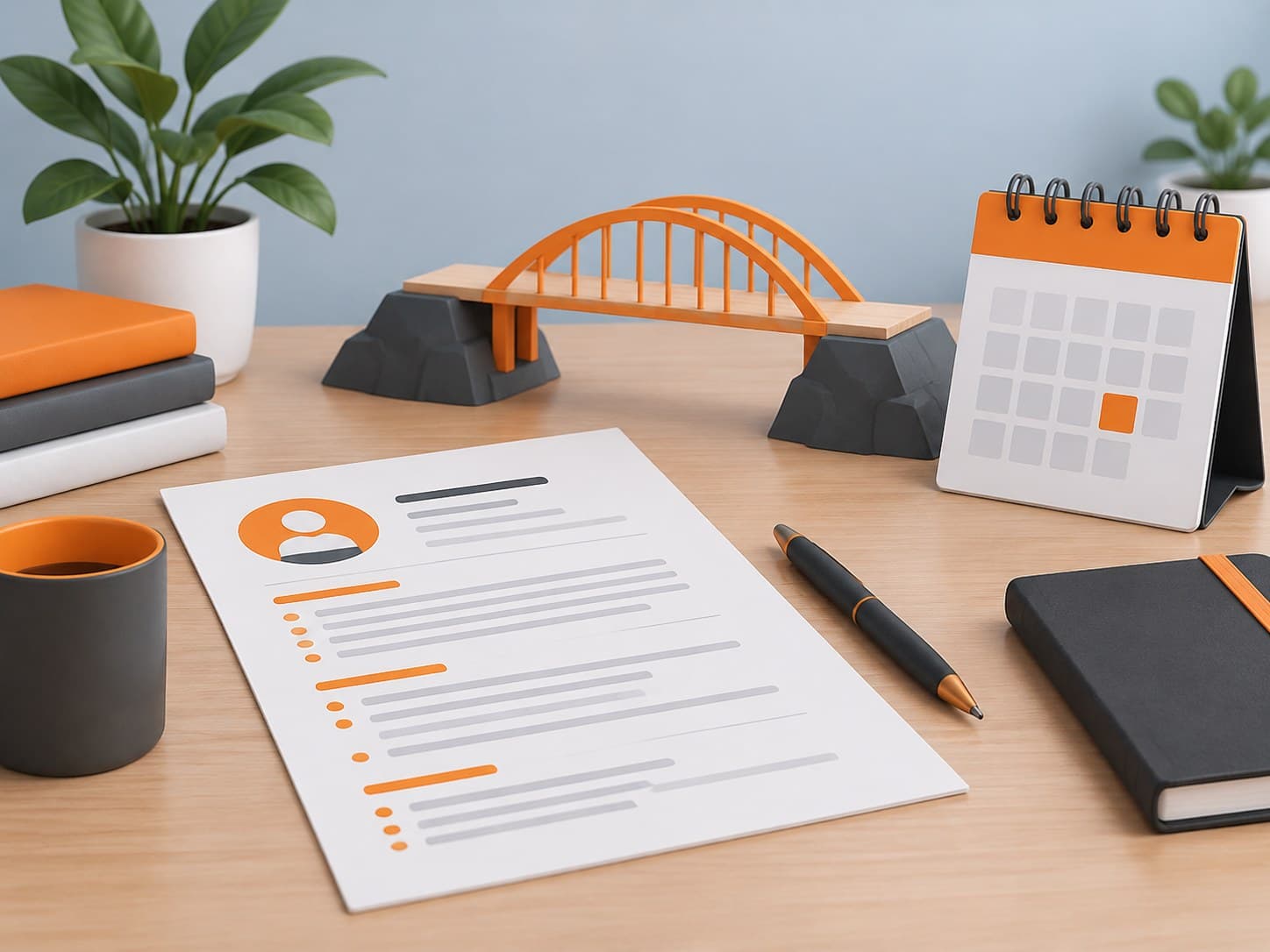 Illustration of a desk with a resume sheet, a small bridge model and a calendar, representing a career gap on a resume