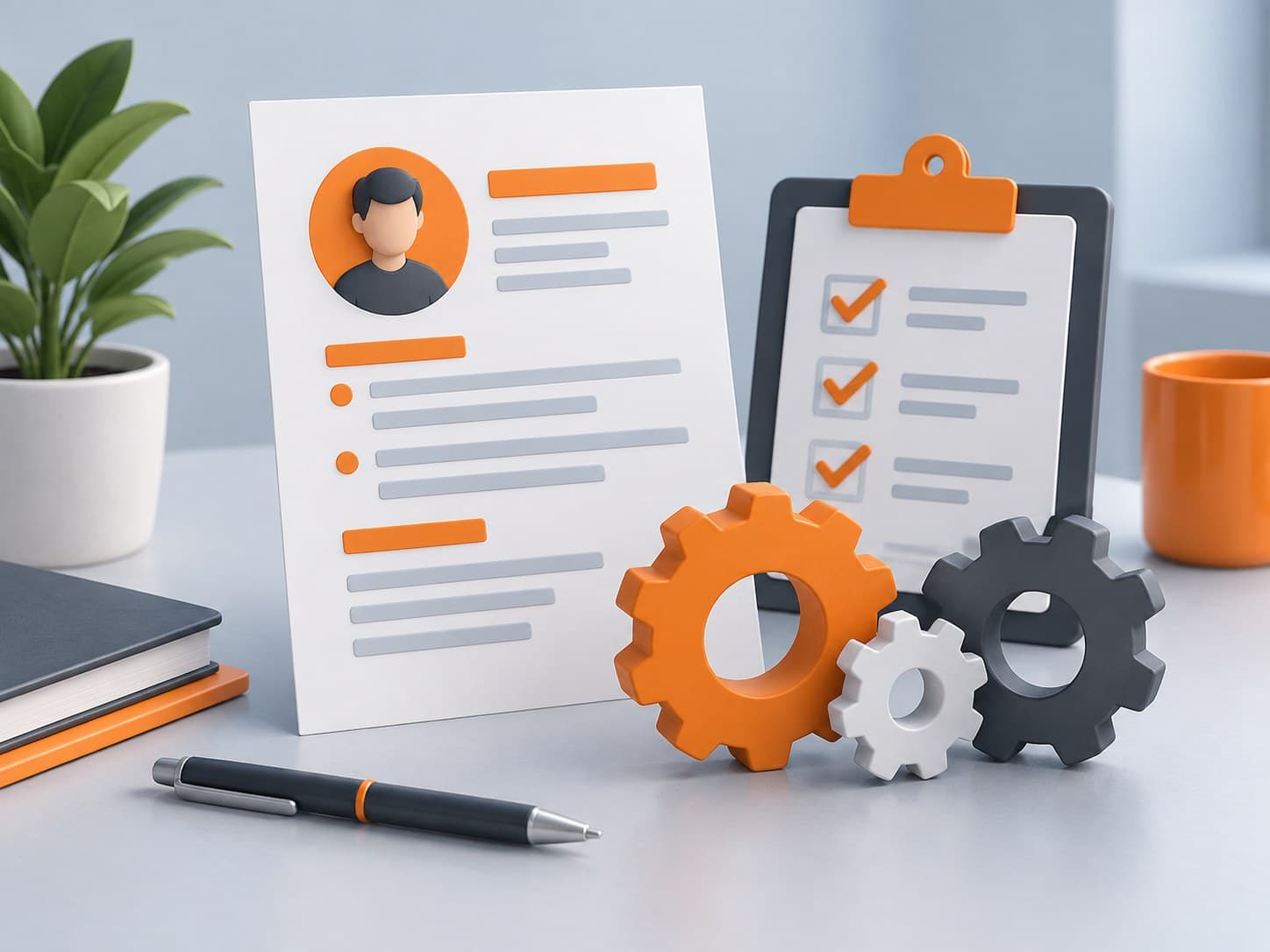 Illustration of a desk with a resume sheet, a clipboard and interlocking gears, representing an operations manager resume