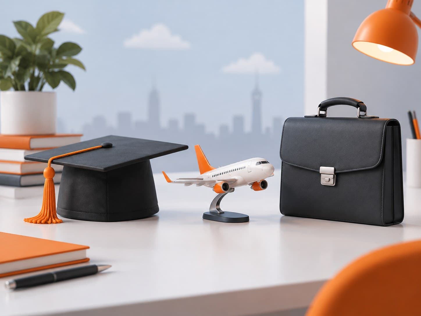 Illustration of a desk with a graduation cap, a miniature airplane and a briefcase facing each other, representing MS abroad vs job in India