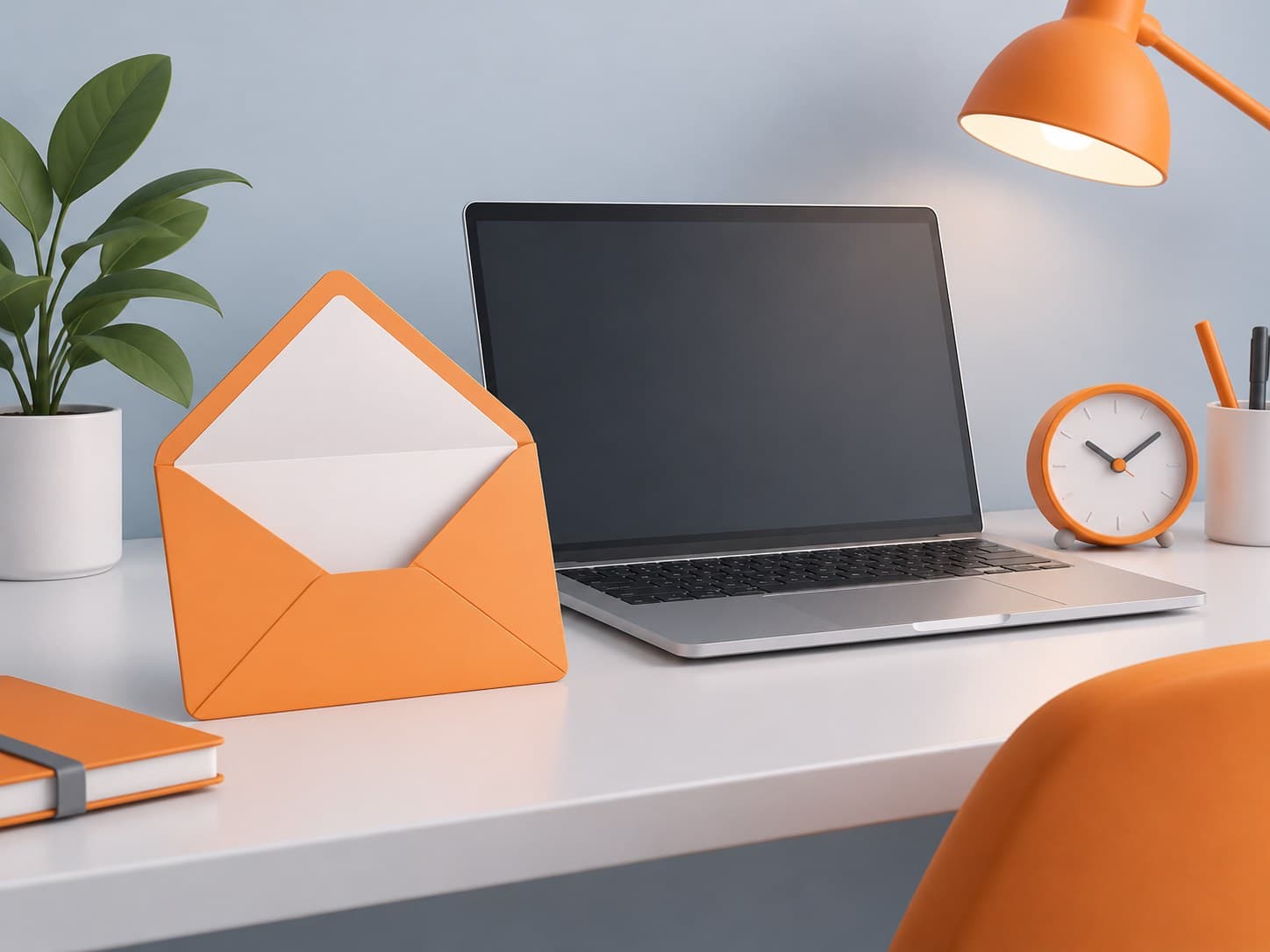 Illustration of a desk with an open letter envelope, a laptop and a small clock, representing following up after an interview