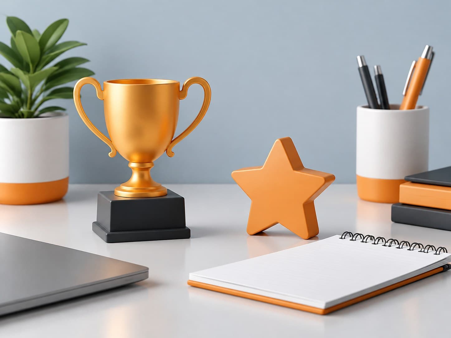 Illustration of a desk with a small trophy, a star-shaped paperweight and a notepad, representing the biggest achievement interview answer