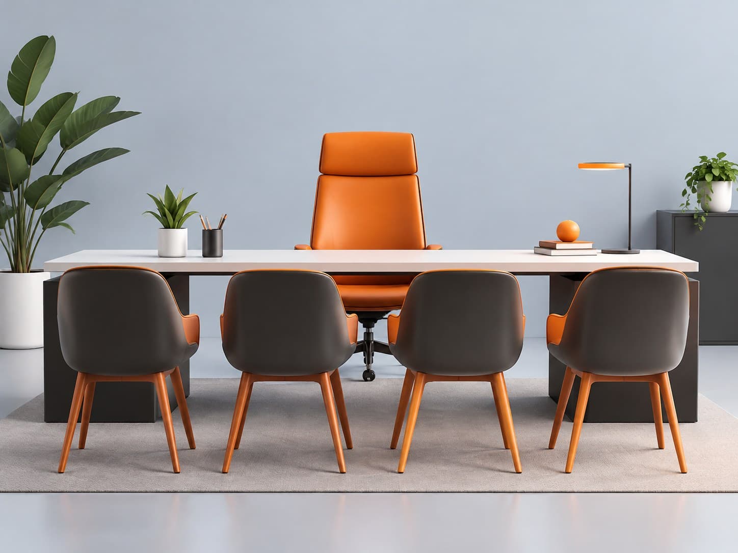 Illustration of a desk with four chairs facing a single chair, representing panel interview tips