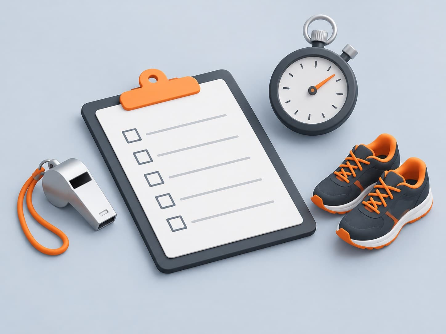 Illustration of a desk with a clipboard checklist, a whistle, a stopwatch and running shoes, representing SSC GD Constable eligibility and physical tests