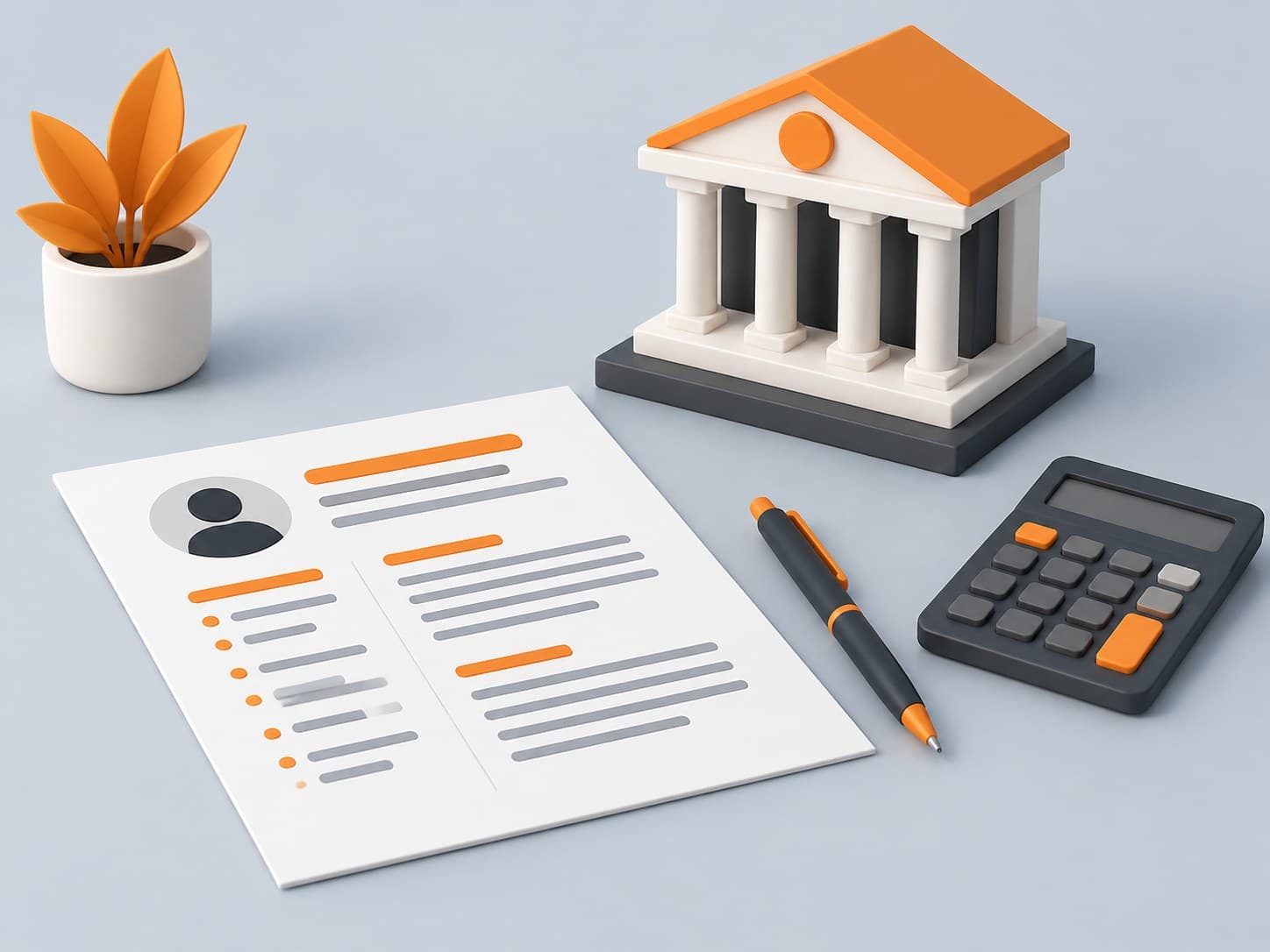 Illustration of a desk with a resume sheet, a small bank building model, a pen and a calculator, representing a banking resume format