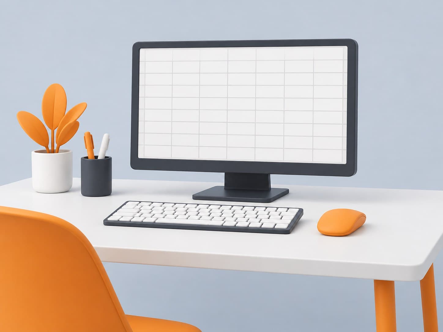 Illustration of a desk with a keyboard, a monitor showing a grid of empty cells and a mouse, representing a data entry resume format