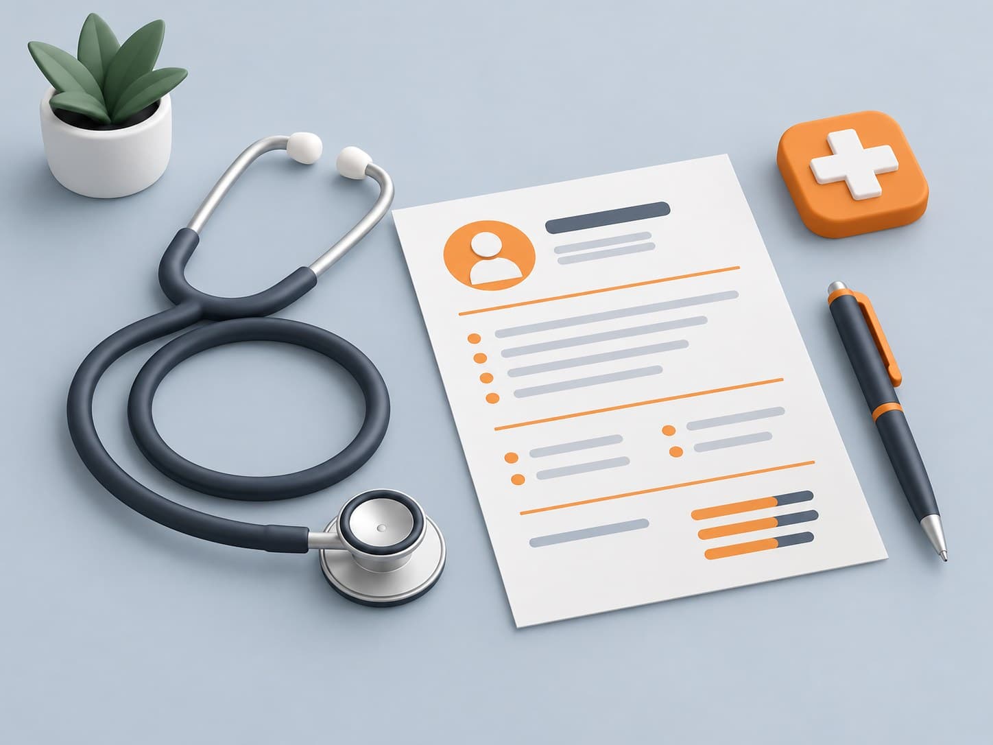 Illustration of a desk with a stethoscope, a resume sheet, a small medical cross badge and a pen, representing a nurse resume format