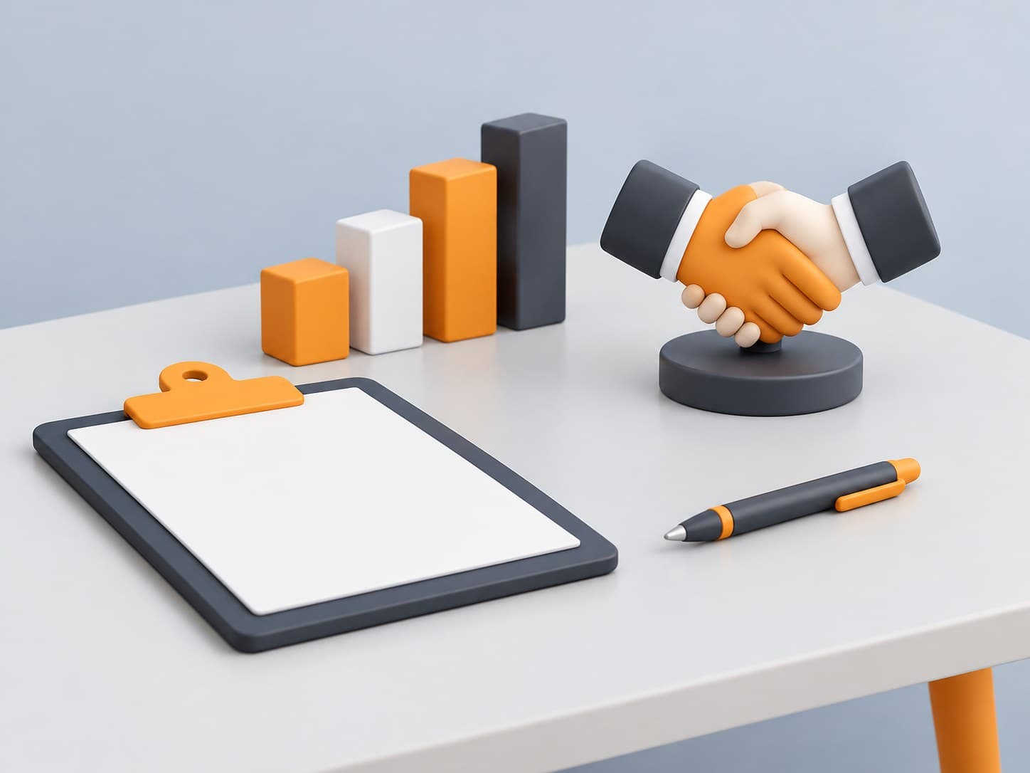 Illustration of a desk with a clipboard, a small rising bar-graph block set, a handshake figurine and a pen, representing a sales executive interview