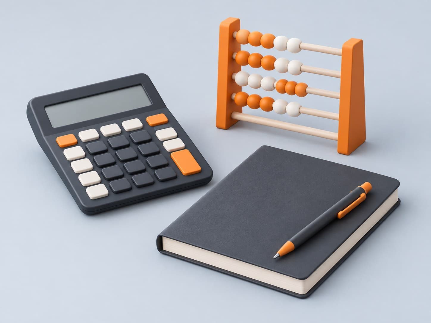 Illustration of a desk with a calculator, a small abacus, a ledger book and a pen, representing an accountant resume format