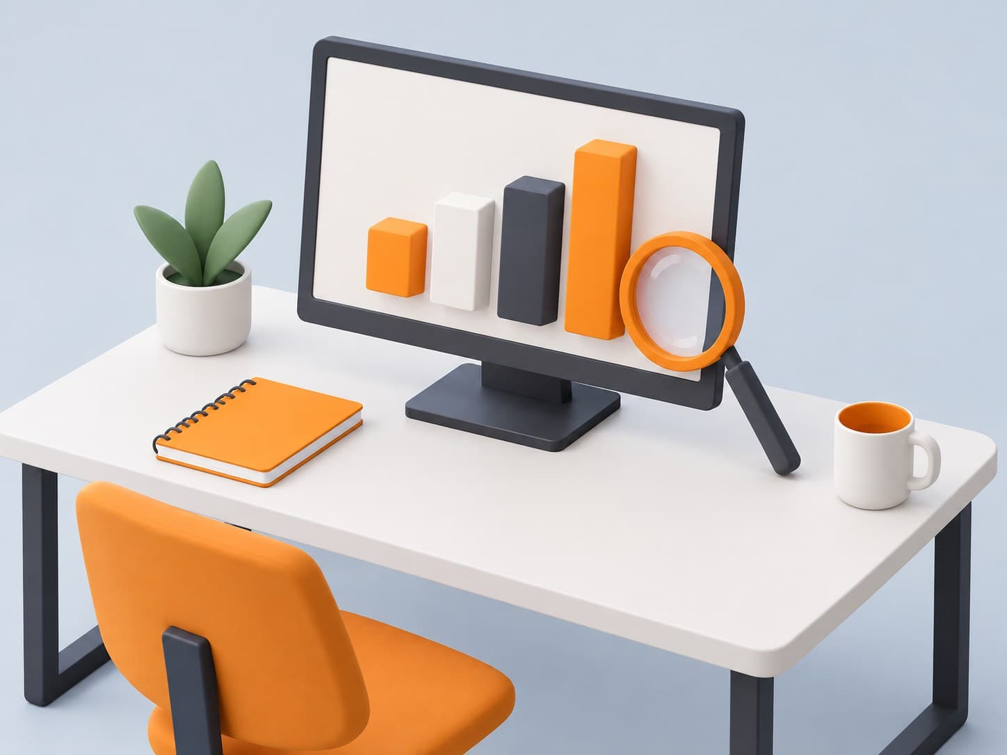Illustration of a desk with a monitor showing abstract bar chart blocks, a magnifying glass and a notebook, representing how to become a data analyst
