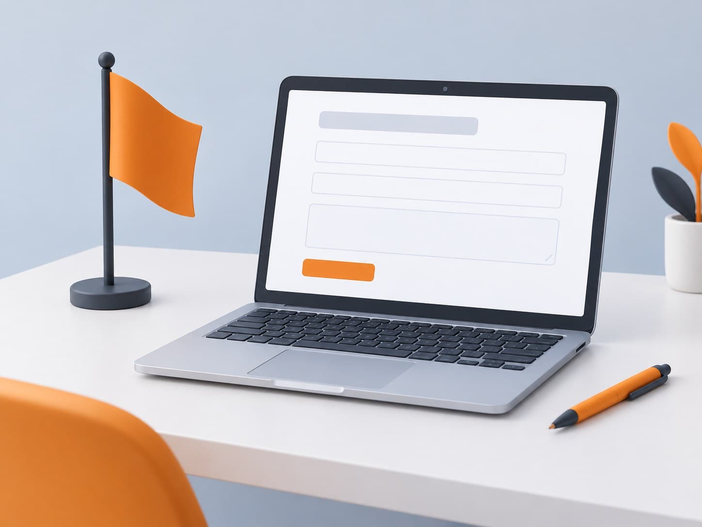 Illustration of a desk with a laptop showing a blank form layout, a small flag on a stand and a pen, representing an online grievance portal