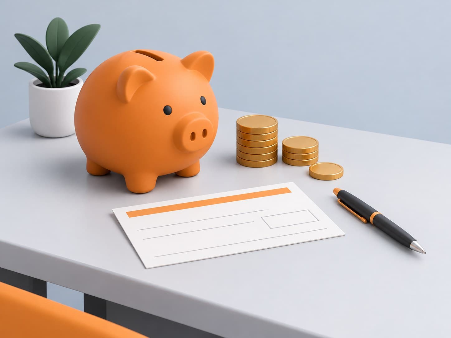 Illustration of a desk with a piggy bank, a blank withdrawal slip, coins and a pen, representing provident fund advance rules