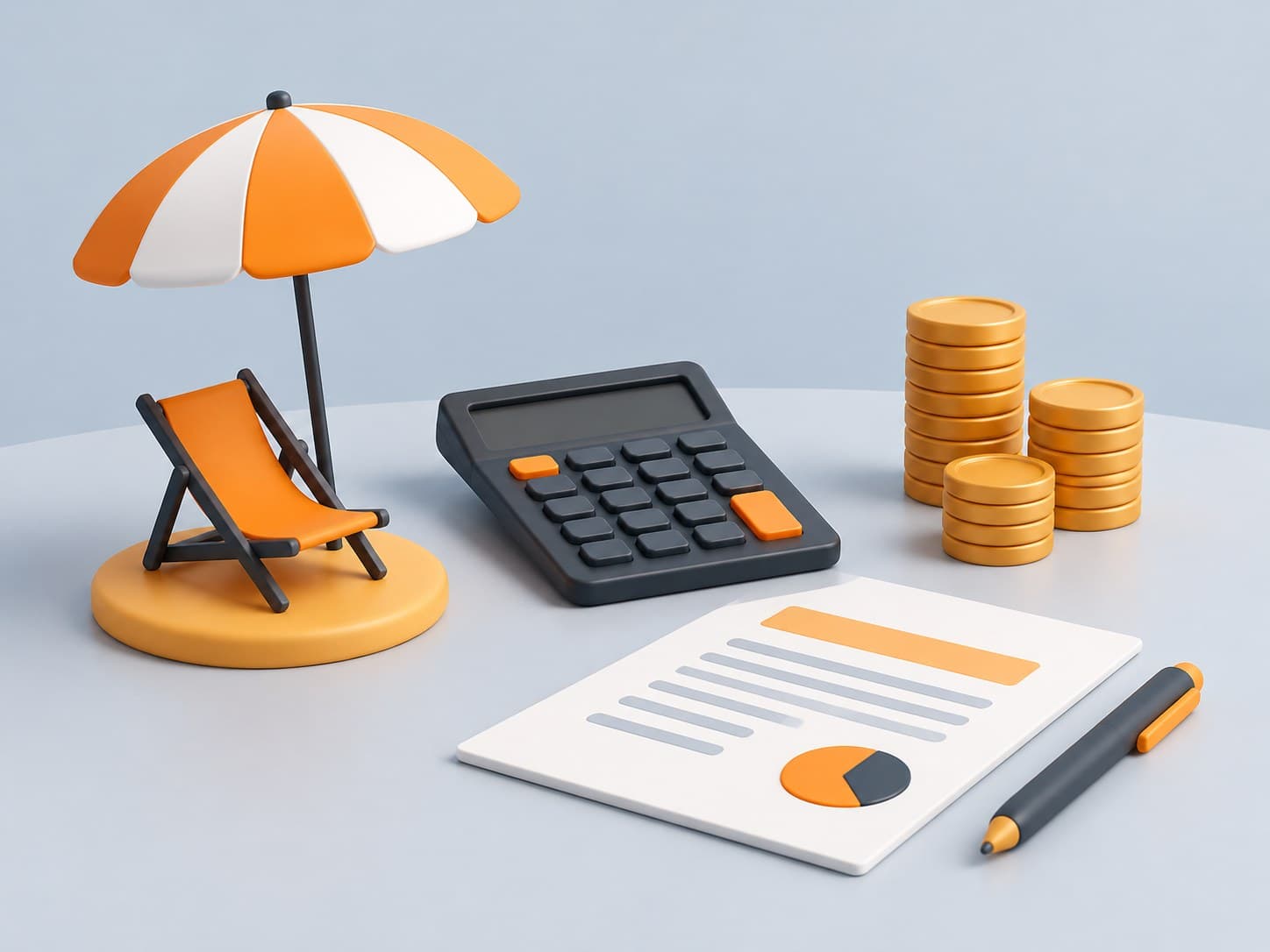 Illustration of a desk with a small beach-umbrella miniature, a calculator, stacked coins and a document, representing leave encashment calculation