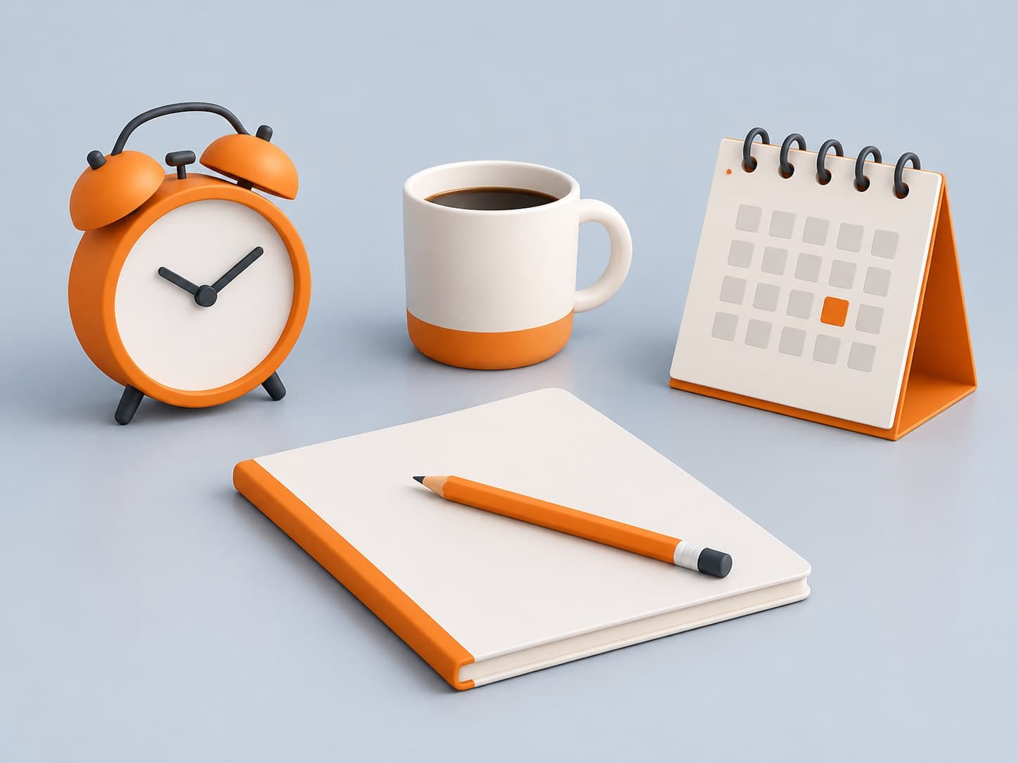 Illustration of a desk with an alarm clock, a notebook with a pencil, a coffee mug and a desk calendar, representing one-day interview preparation
