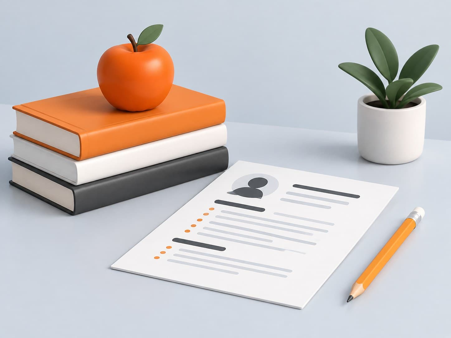 Illustration of a desk with a small stack of books, an apple, a resume sheet and a pencil, representing a teacher resume format