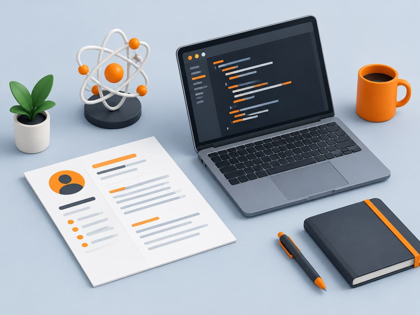 3D illustration of a resume beside a laptop with a code window