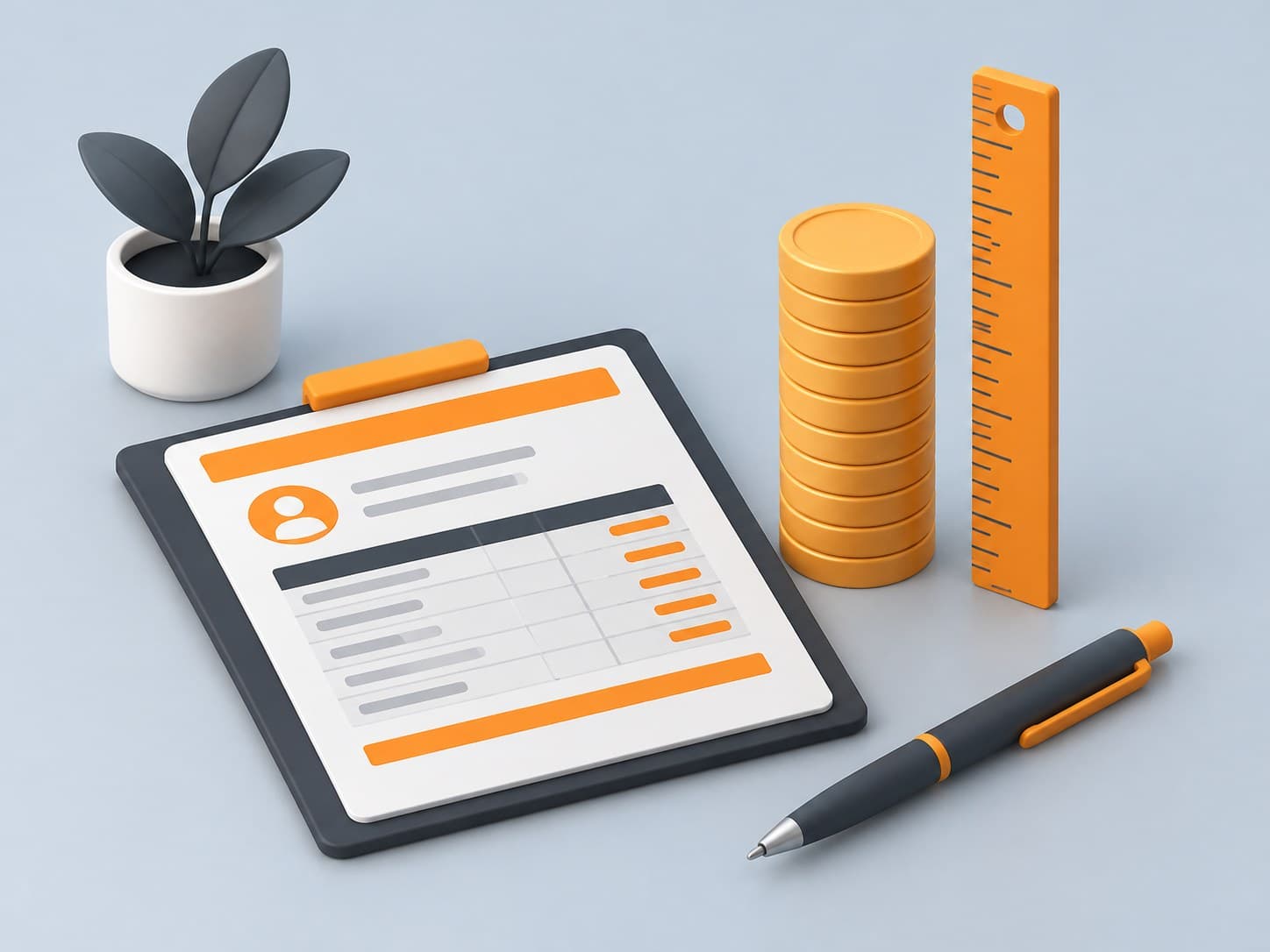 3D illustration of a salary slip with coin stacks and a ruler