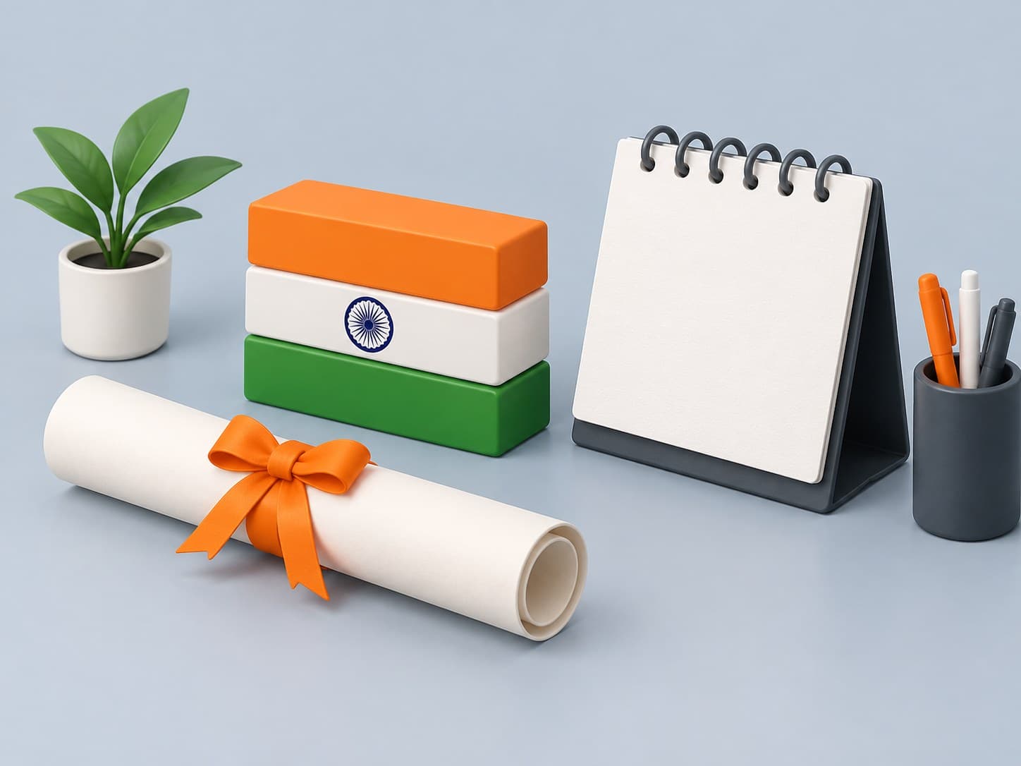 3D illustration of a graduation scroll with Indian flag coloured blocks and a desk calendar