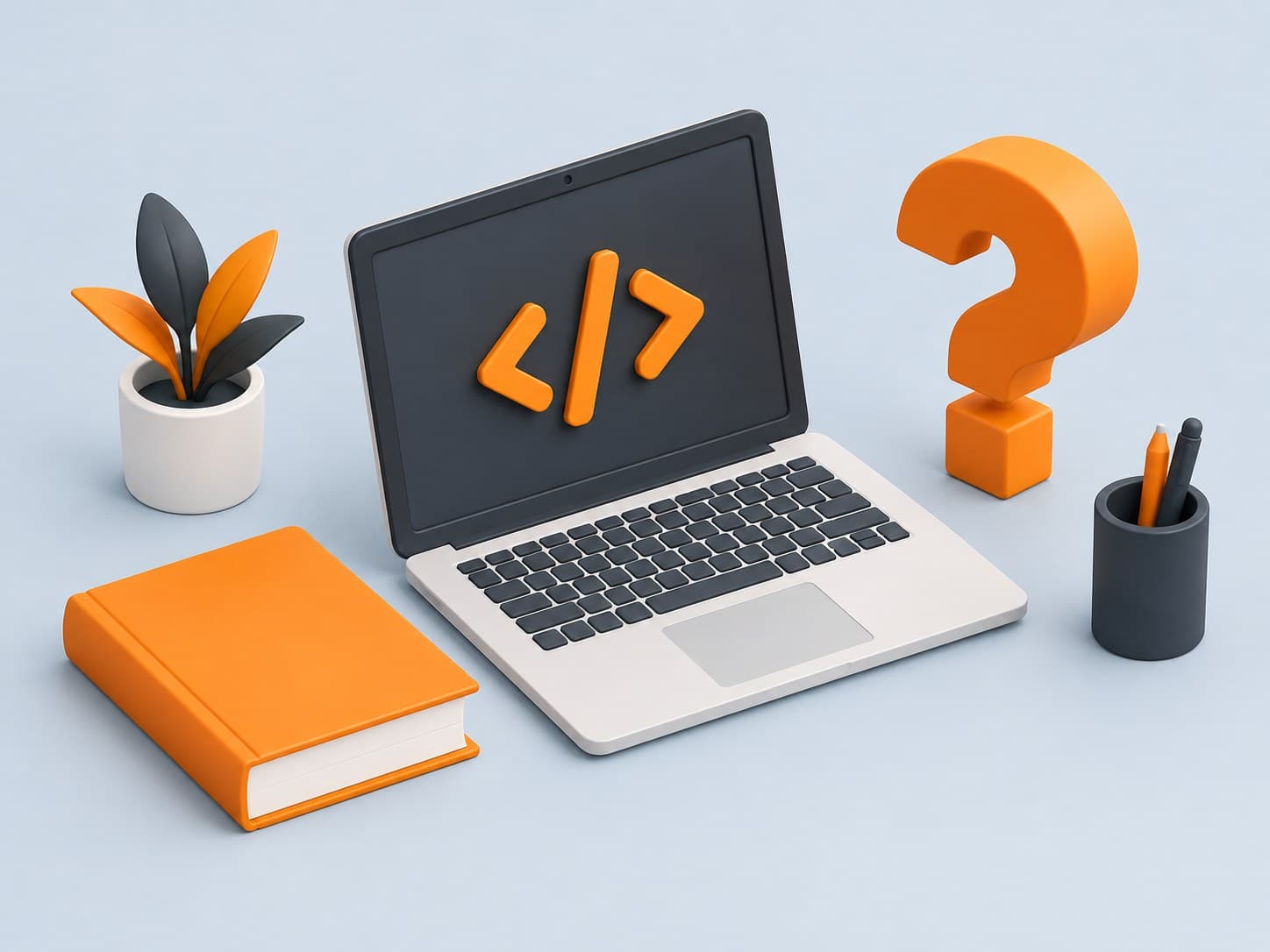 3D illustration of a laptop with code brackets, a book and a question-mark block