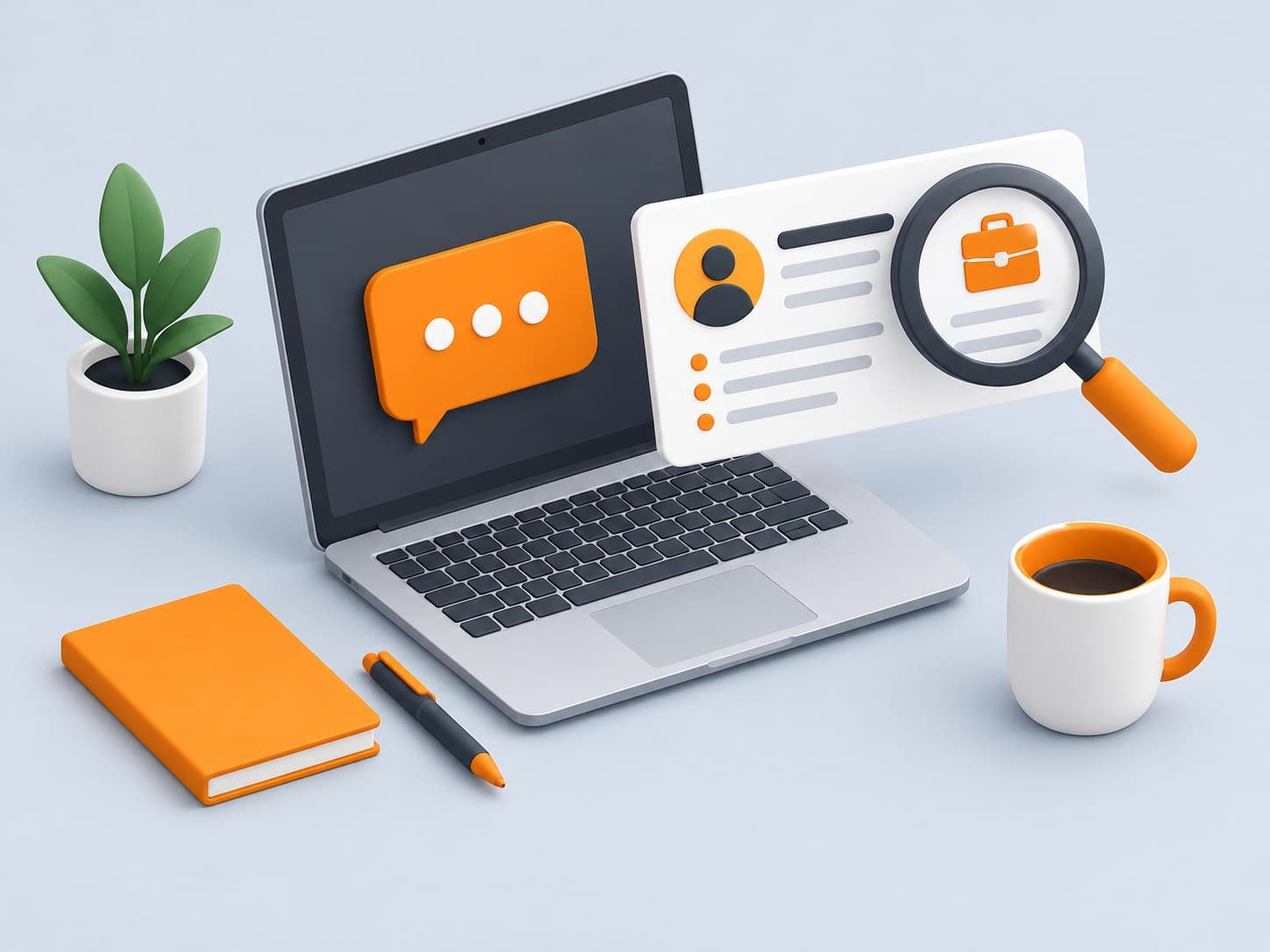 3D illustration of a laptop with a chat bubble and magnifying glass