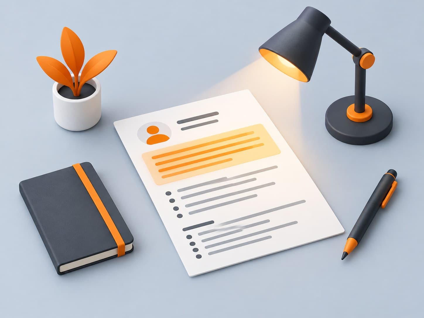 3D illustration of a resume with a highlighted top paragraph under a small lamp