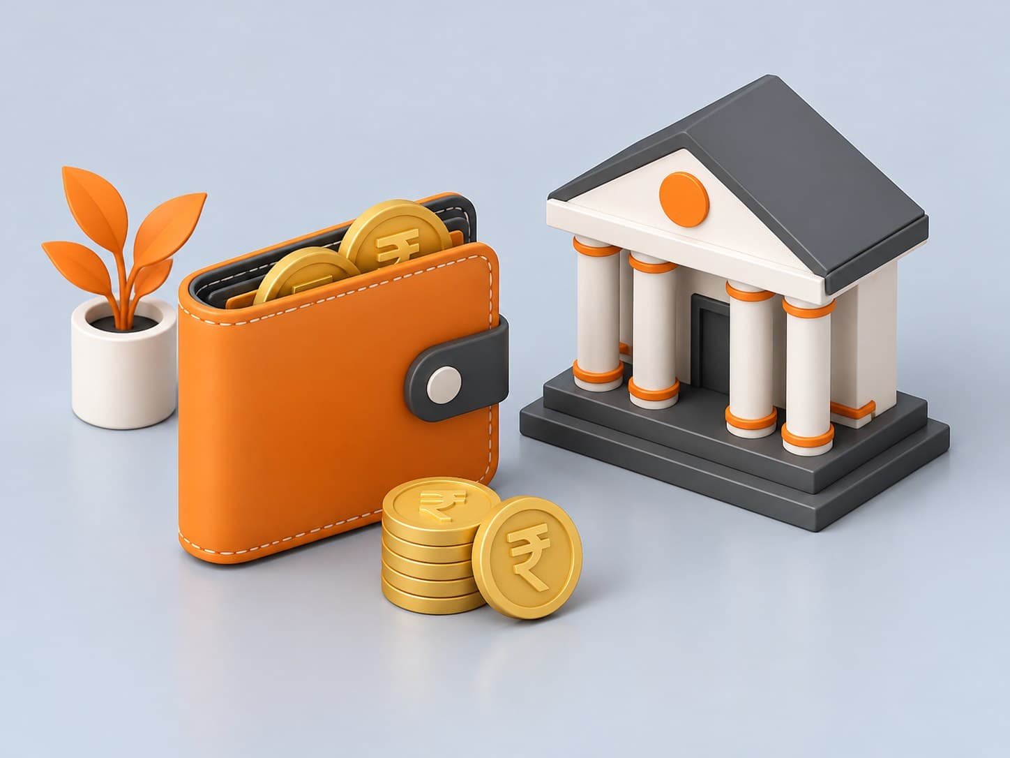 3D illustration of a wallet with coins and a small bank building