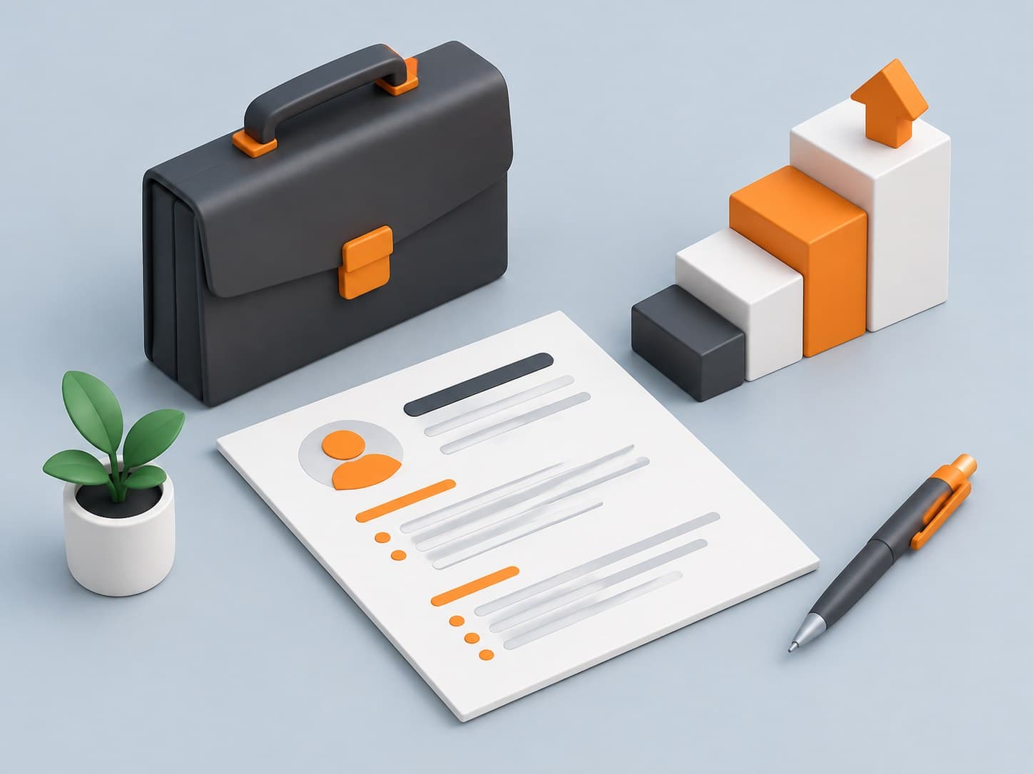 3D illustration of a resume with a briefcase and block staircase