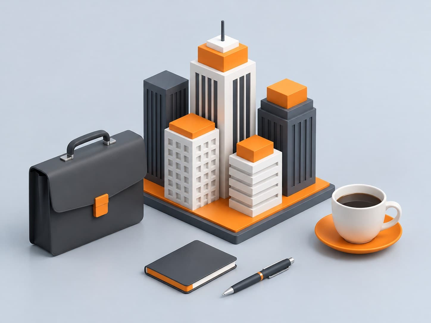 3D illustration of office tower blocks with a briefcase and coffee cup