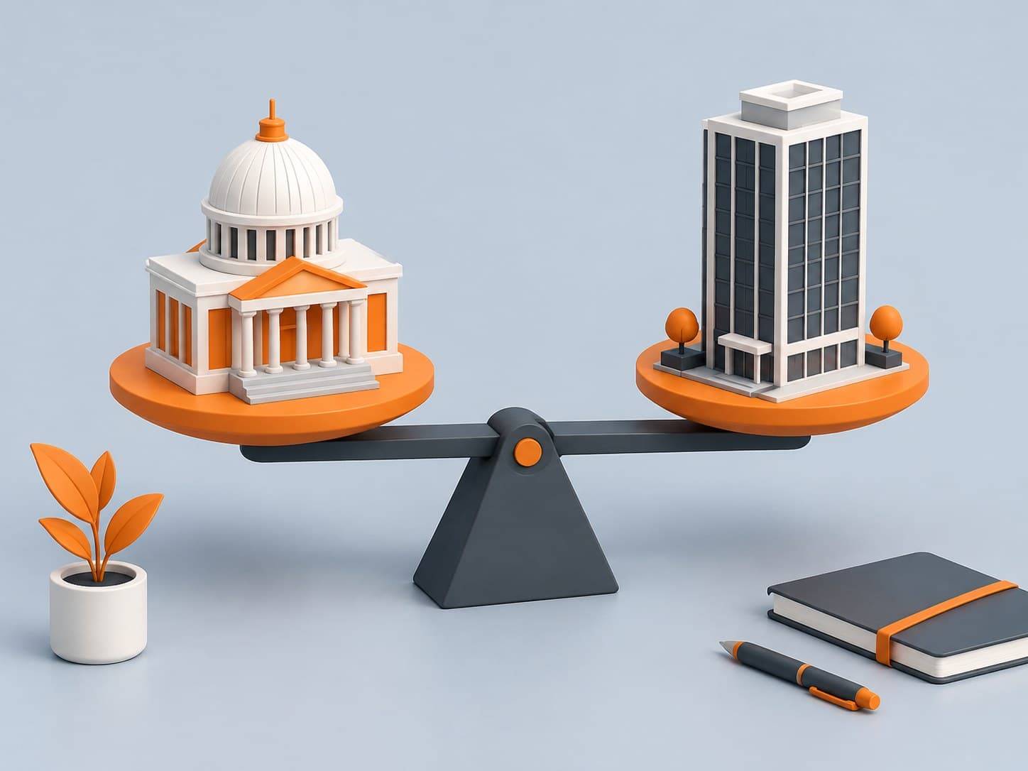 3D illustration of a balance scale with a government building and an office tower