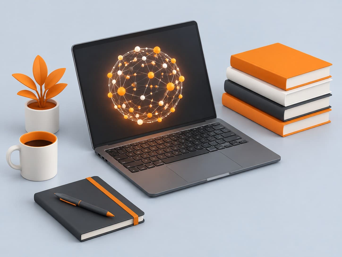 3D illustration of a laptop with a node network sphere and books