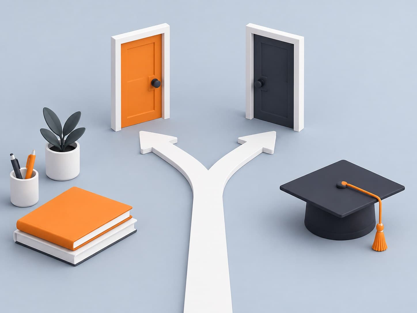3D illustration of two doors with an arrow splitting toward each and a graduation cap