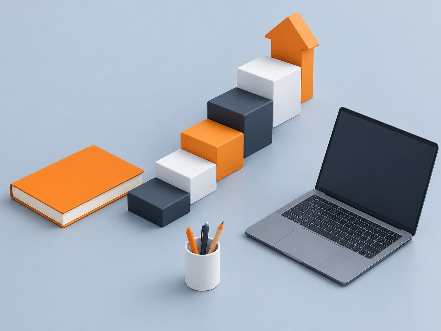 3D illustration of a block ladder leading up with a book and laptop