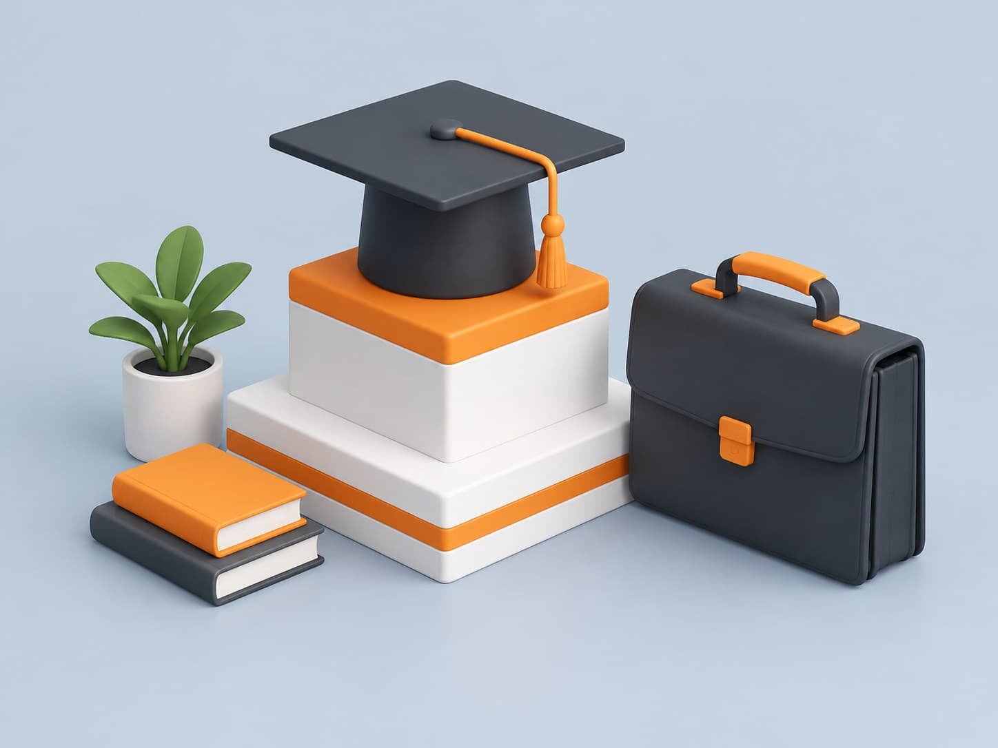 3D illustration of a graduation cap on a small podium with a briefcase