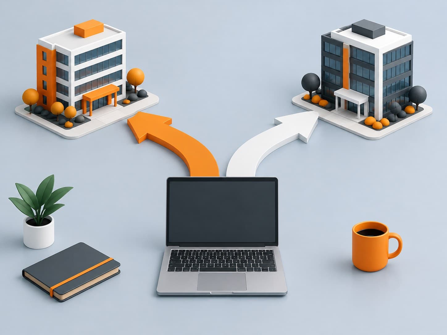 3D illustration of a laptop with two arrows splitting toward different office blocks