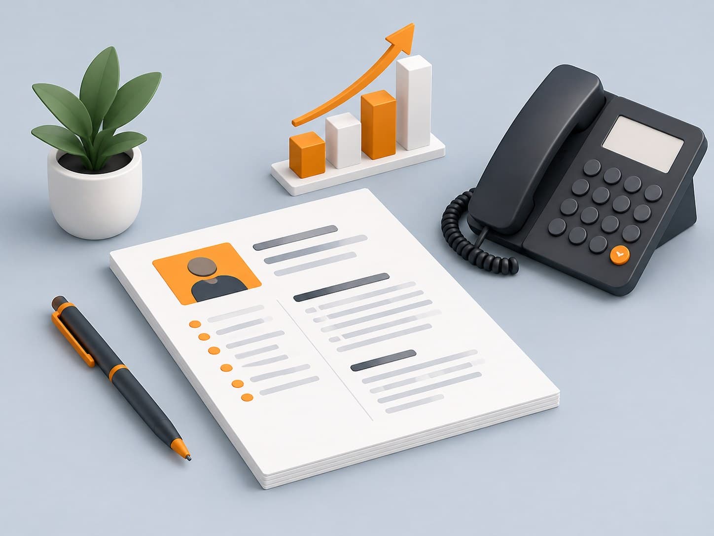 3D illustration of a resume with a rising bar chart and a telephone