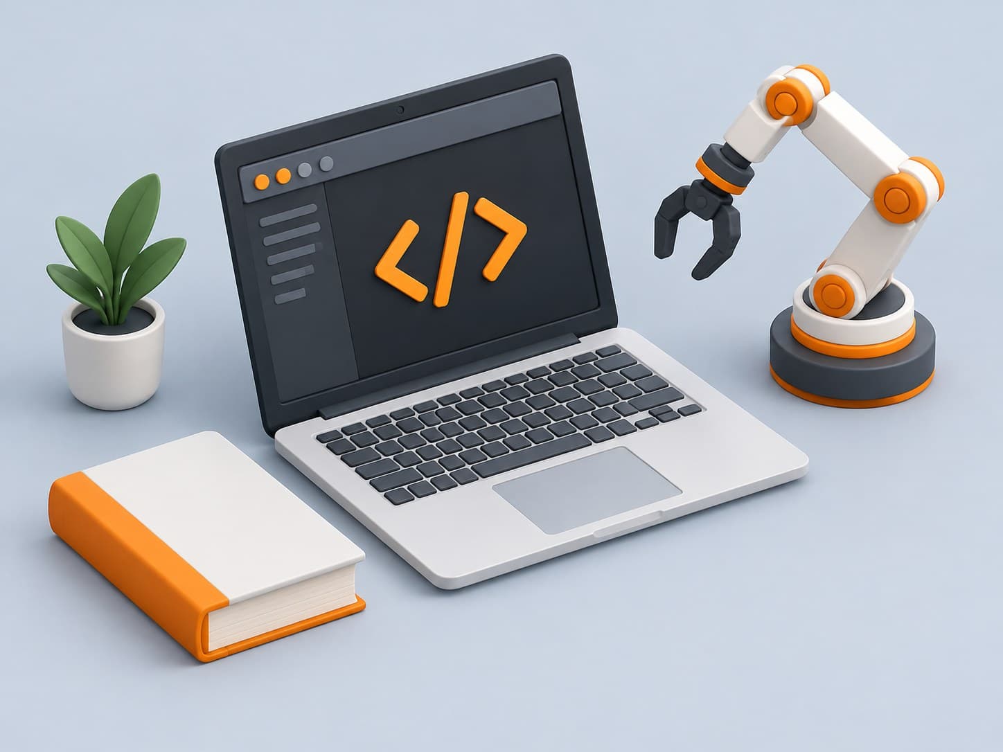 3D illustration of a laptop with code brackets beside a robot arm and a book
