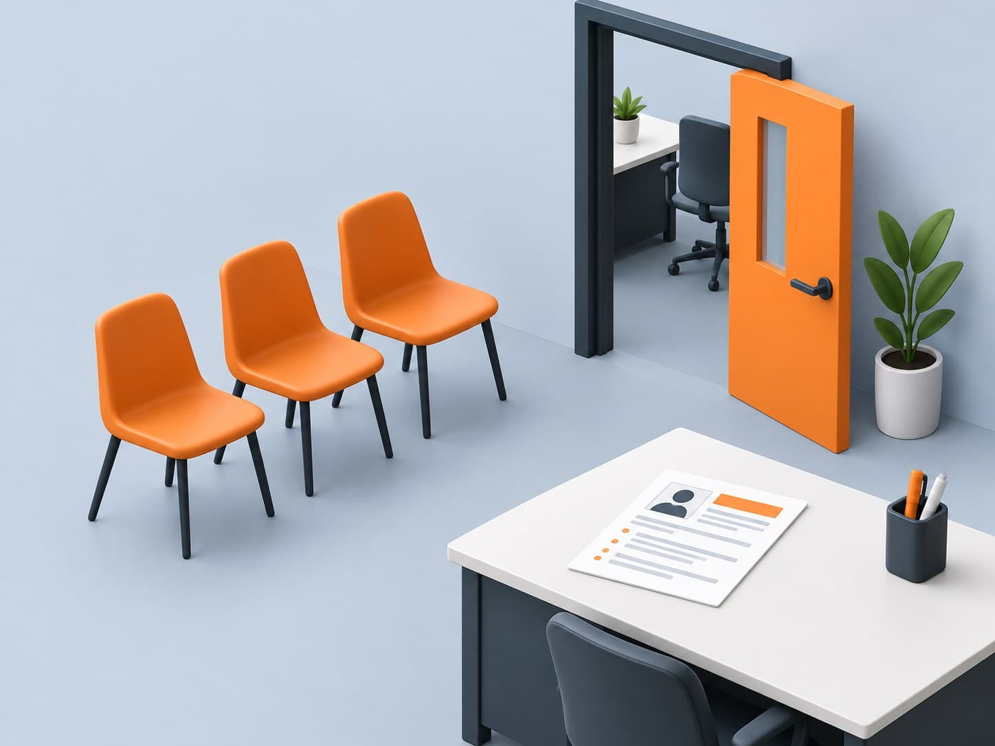 3D illustration of an office door with a queue of chairs and a resume