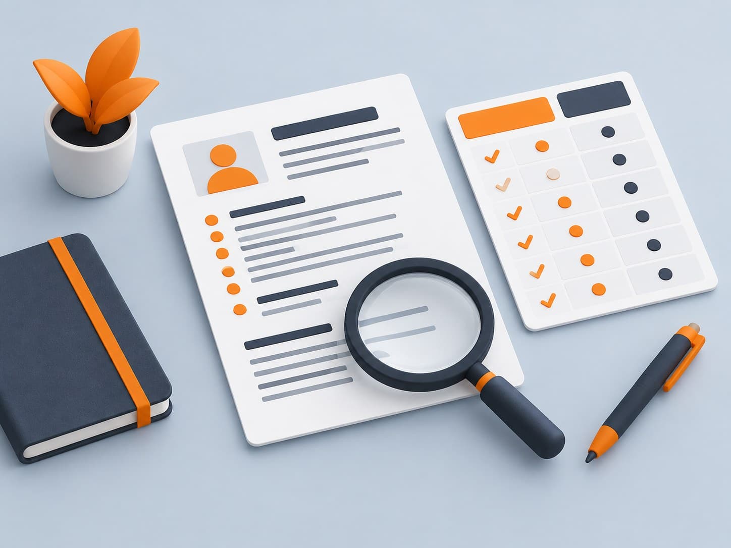 3D illustration of a resume with a comparison checklist and magnifying glass