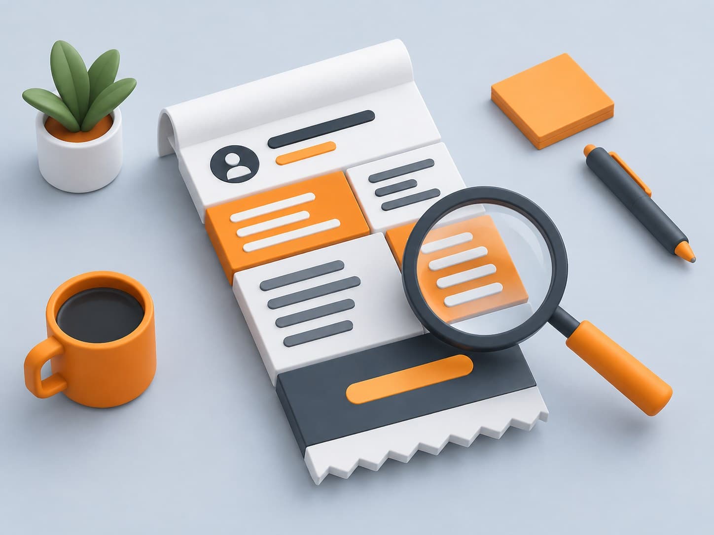 3D illustration of a salary slip in labeled block segments with a magnifier