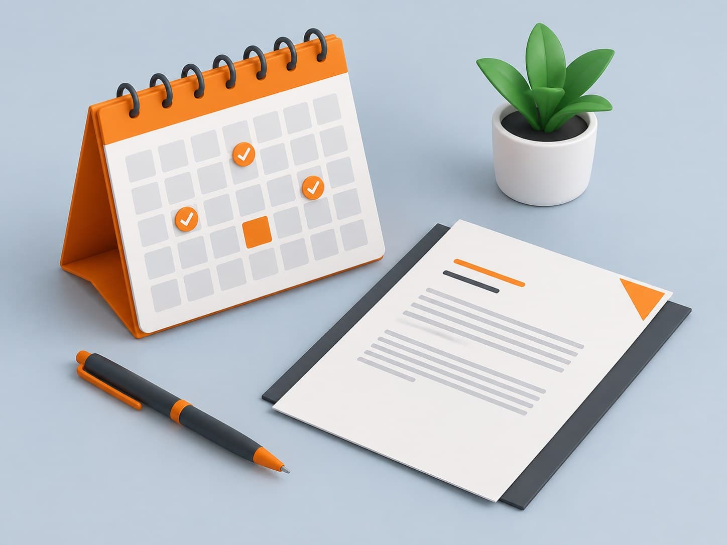 3D illustration of a desk calendar with marked days and a formal letter