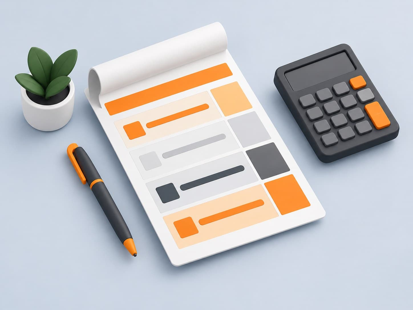 3D illustration of a salary slip in block segments with a calculator