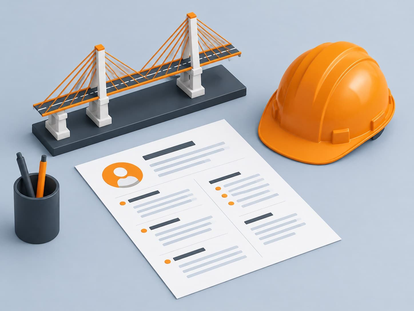 3D illustration of a resume with a bridge model and a hard hat