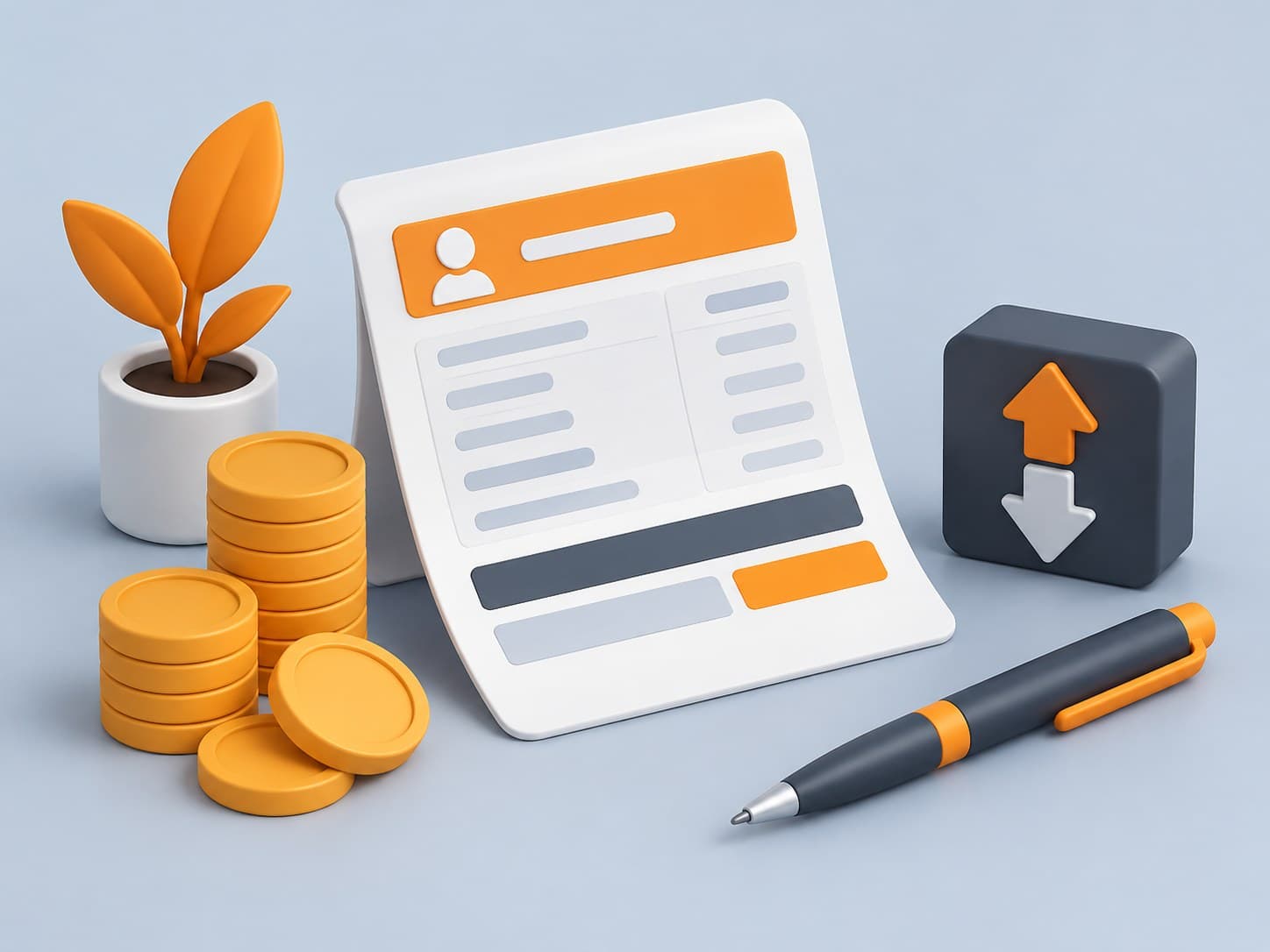 3D illustration of a salary slip with coins and an up-down arrow block