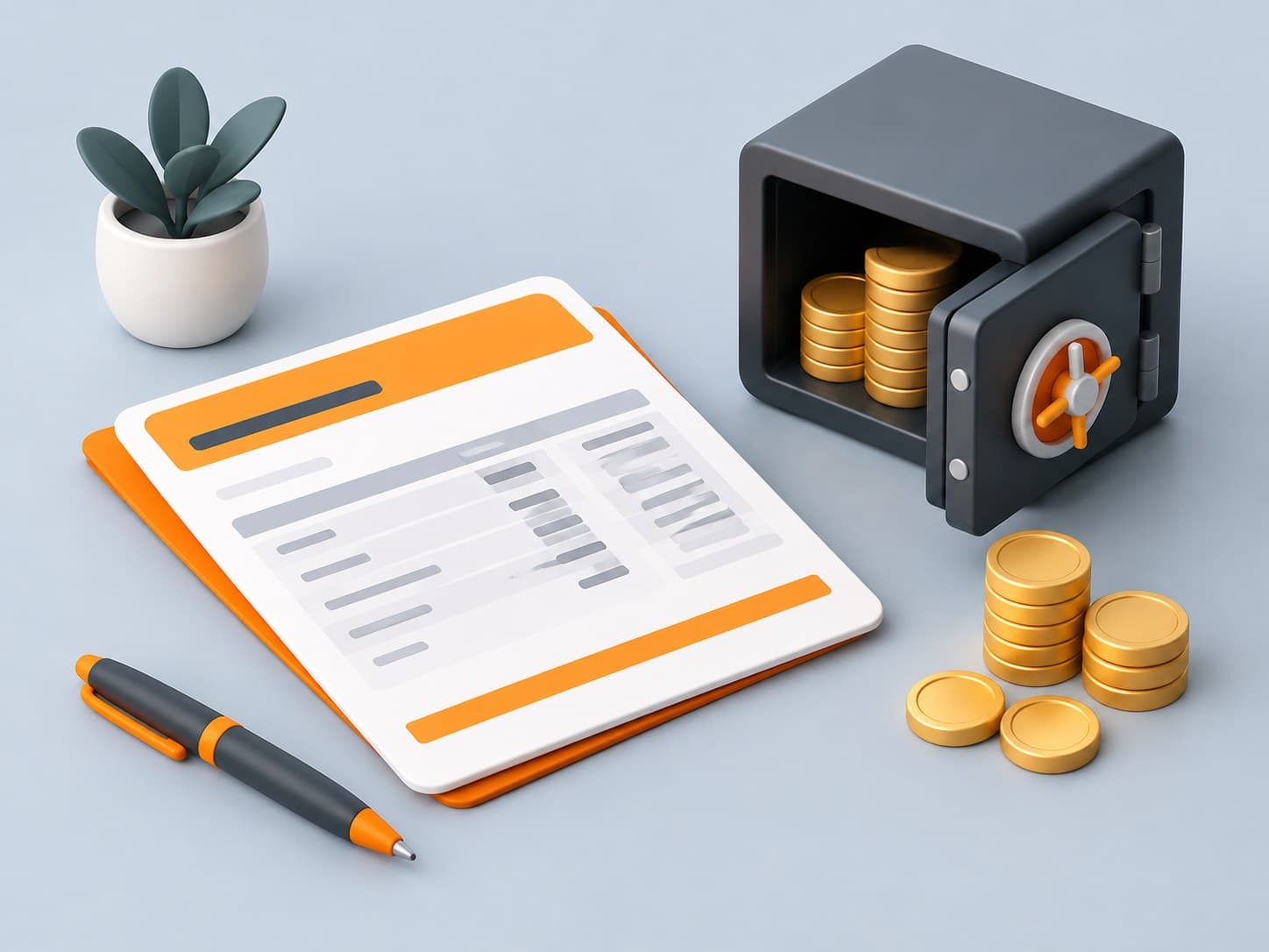 3D illustration of a salary slip with a vault box and coins set aside