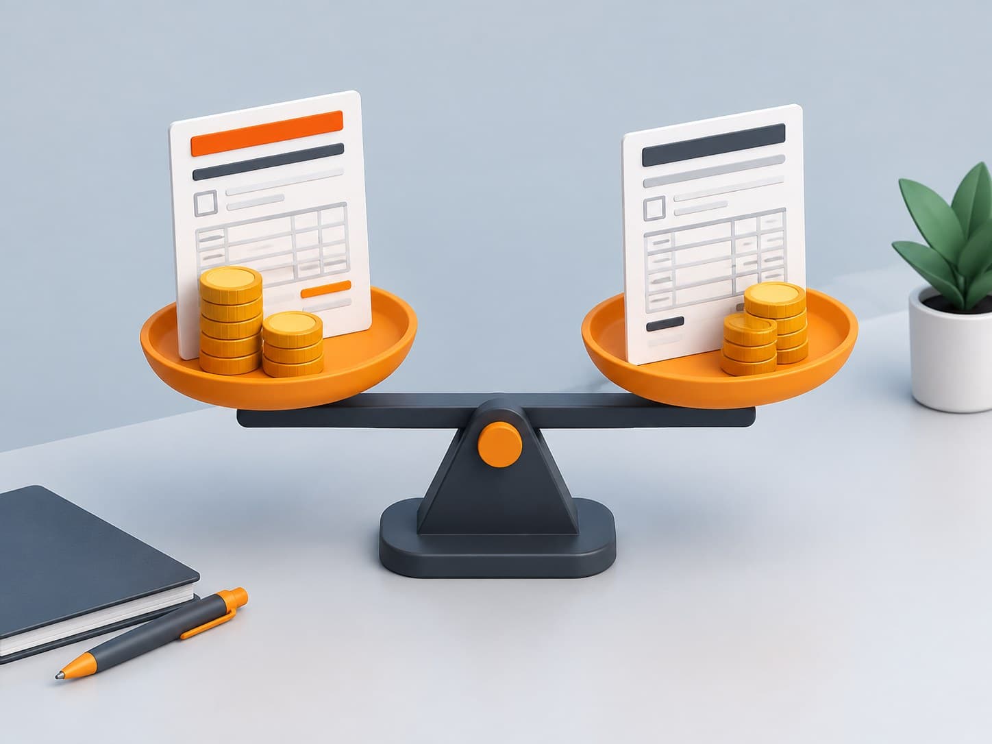 3D illustration of a balance scale comparing two tax forms with coins
